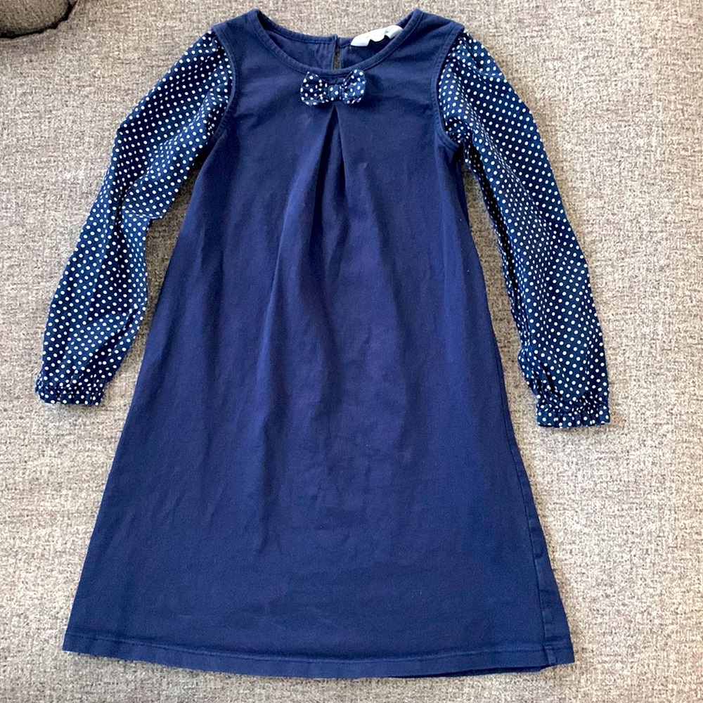 🌺 Beebay Navy Dress with Polka Dot Sleeves Girls Size 6.